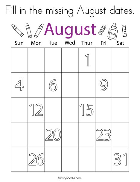 Fill in the missing August dates. Coloring Page