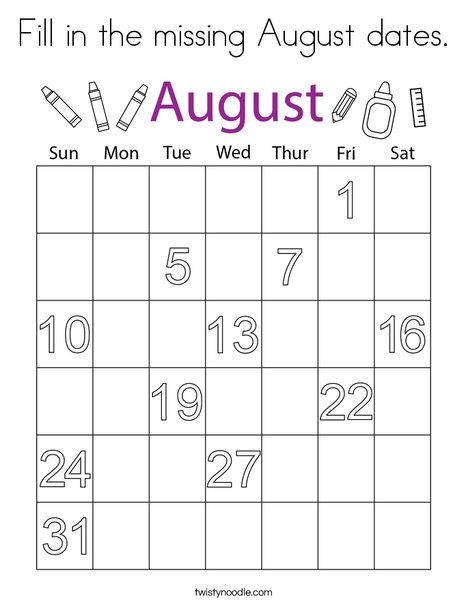Fill in the missing August dates. Coloring Page