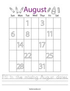 Fill in the missing August dates Handwriting Sheet