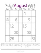 Fill in the missing August dates Handwriting Sheet