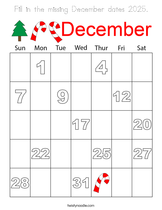 Fill in the missing December dates 2025. Coloring Page