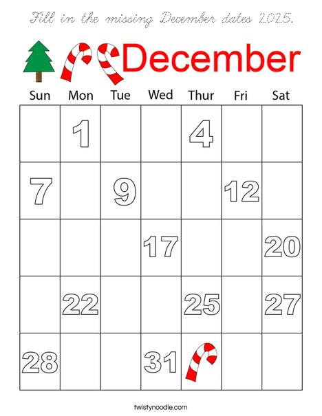 Fill in the missing December dates 2025. Coloring Page