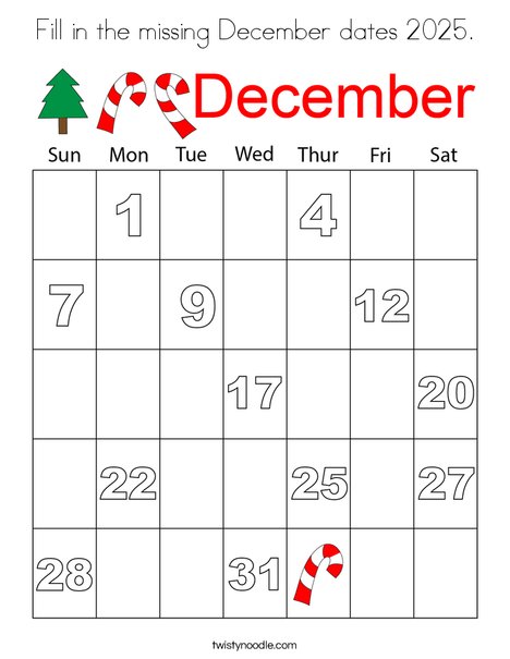 Fill in the missing December dates 2025. Coloring Page