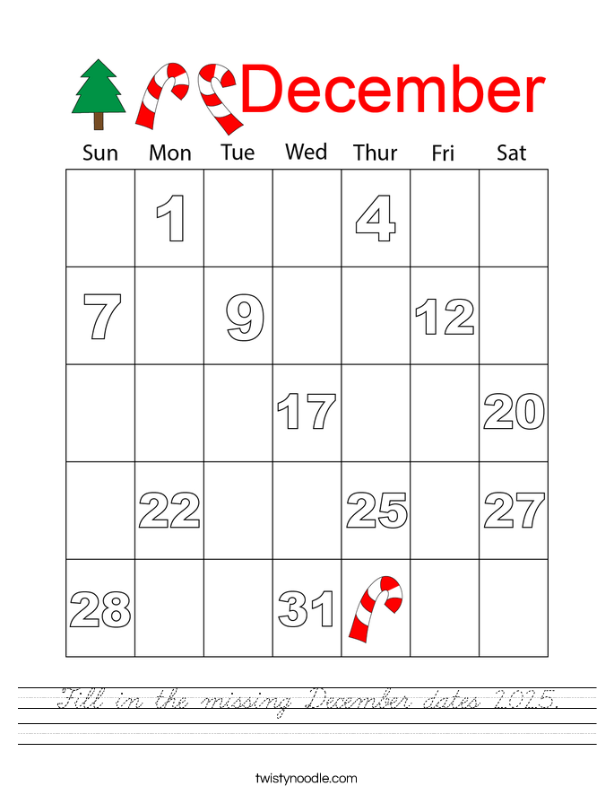Fill in the missing December dates 2025. Worksheet