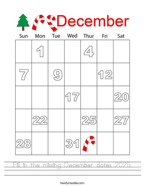 Fill in the missing December dates 2025. Worksheet
