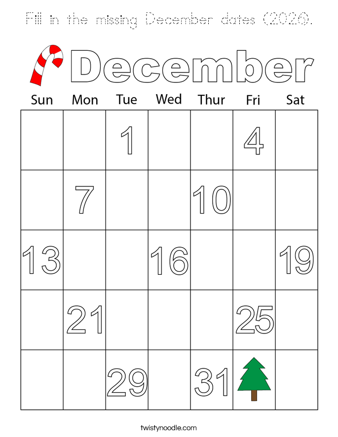 Fill in the missing December dates (2026). Coloring Page
