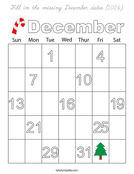 Fill in the missing December dates (2026). Coloring Page