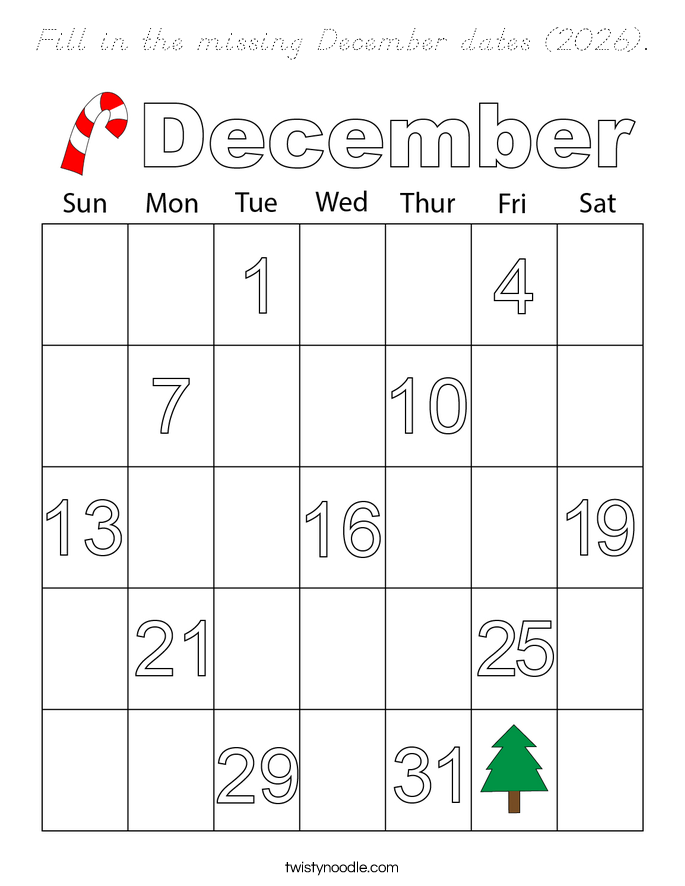 Fill in the missing December dates (2026). Coloring Page