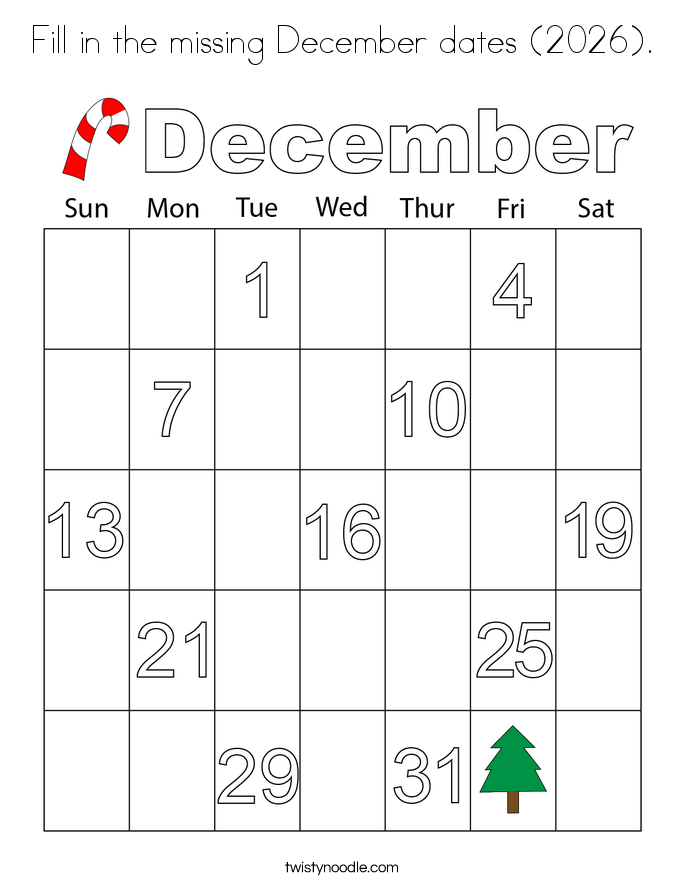 Fill in the missing December dates (2026). Coloring Page