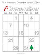 Fill in the missing December dates (2026) Coloring Page