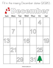 Fill in the missing December dates (2026) Coloring Page
