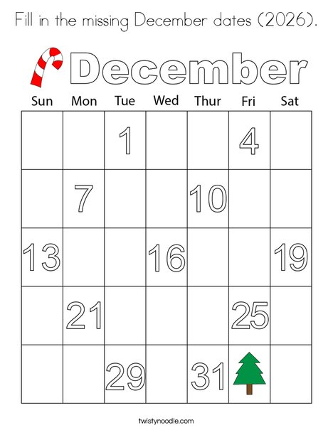 Fill in the missing December dates (2026). Coloring Page