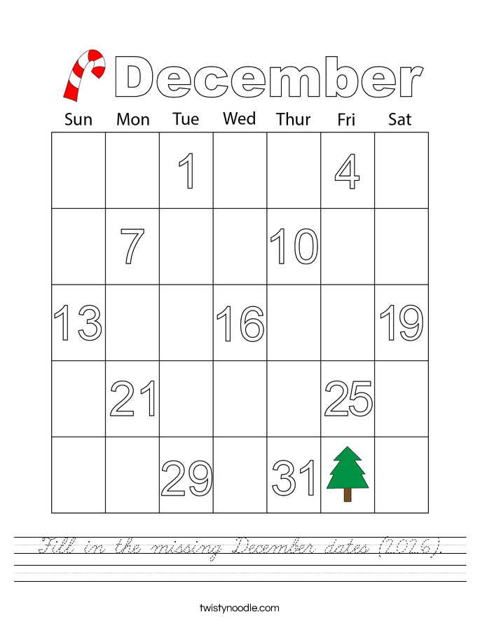 Fill in the missing December dates (2026). Worksheet