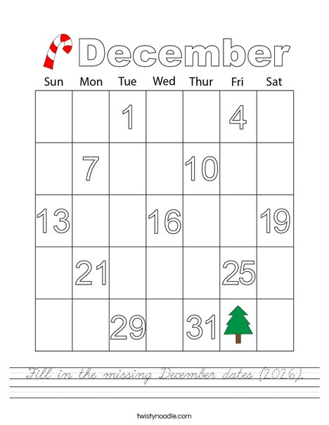 Fill in the missing December dates (2026). Worksheet