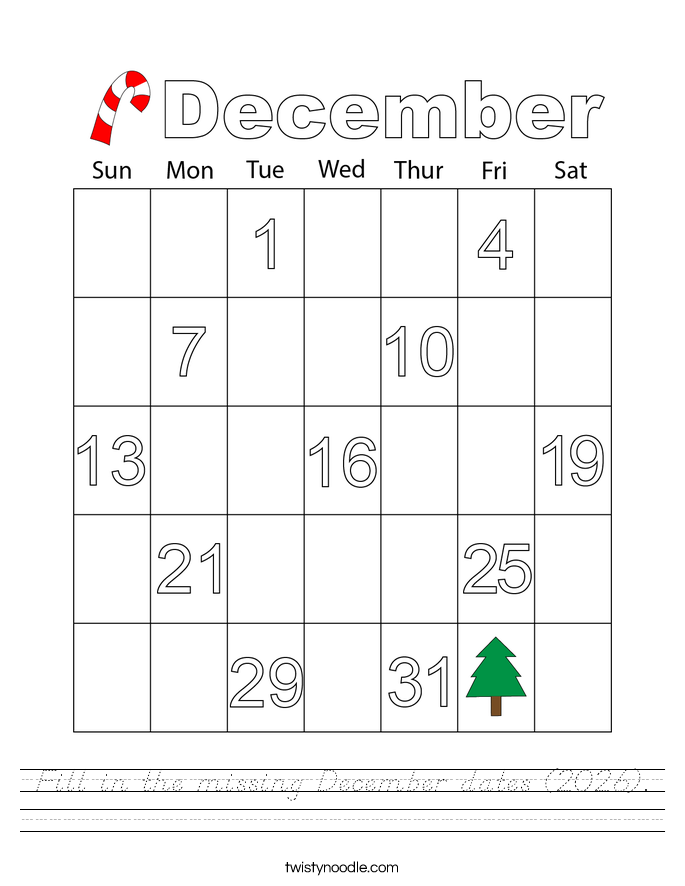 Fill in the missing December dates (2026). Worksheet