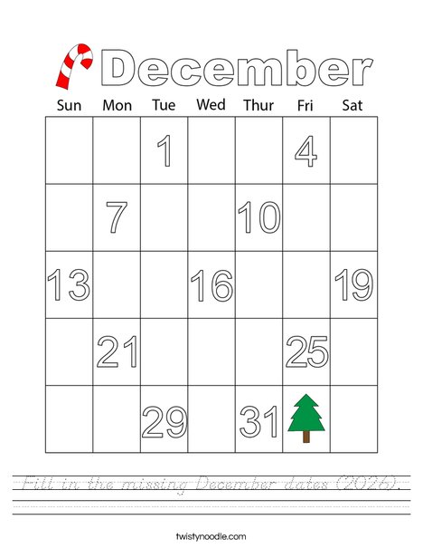 Fill in the missing December dates (2026). Worksheet