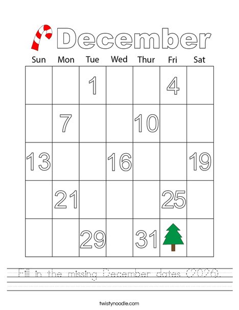 Fill in the missing December dates (2026). Worksheet