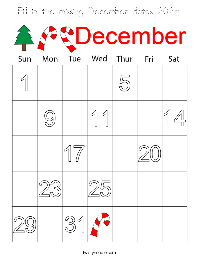 Fill in the missing December dates 2024. Coloring Page
