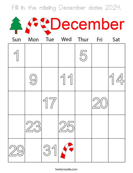 Fill in the missing December dates 2024. Coloring Page