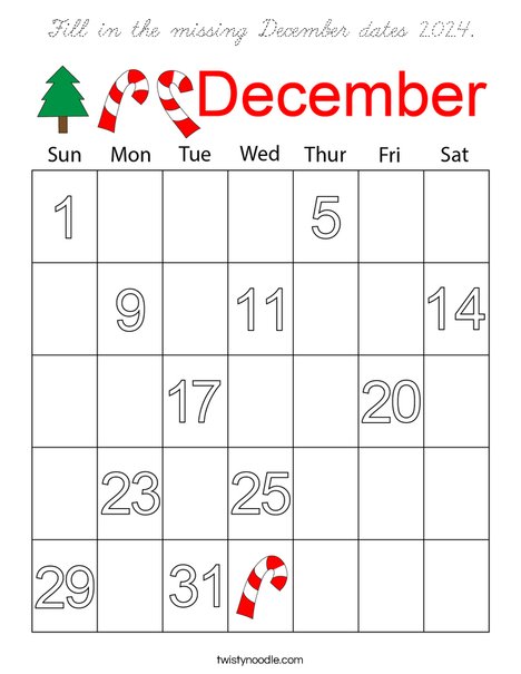 Fill in the missing December dates 2024. Coloring Page
