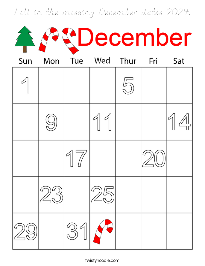 Fill in the missing December dates 2024. Coloring Page