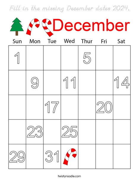 Fill in the missing December dates 2024. Coloring Page