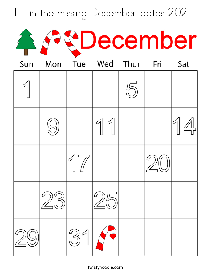 Fill in the missing December dates 2024. Coloring Page