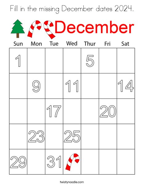 Fill in the missing December dates 2024. Coloring Page