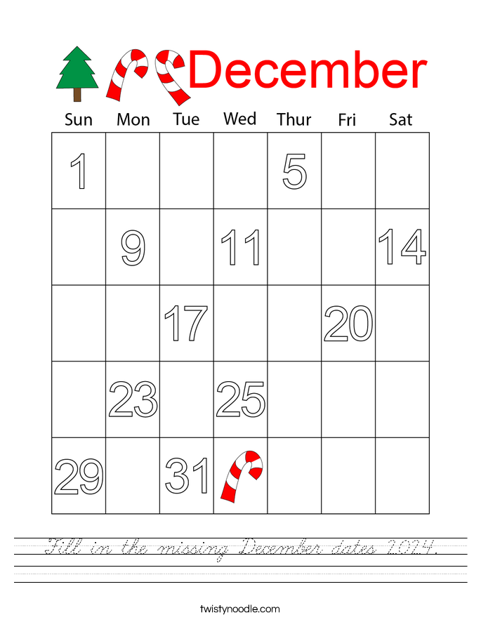 Fill in the missing December dates 2024. Worksheet
