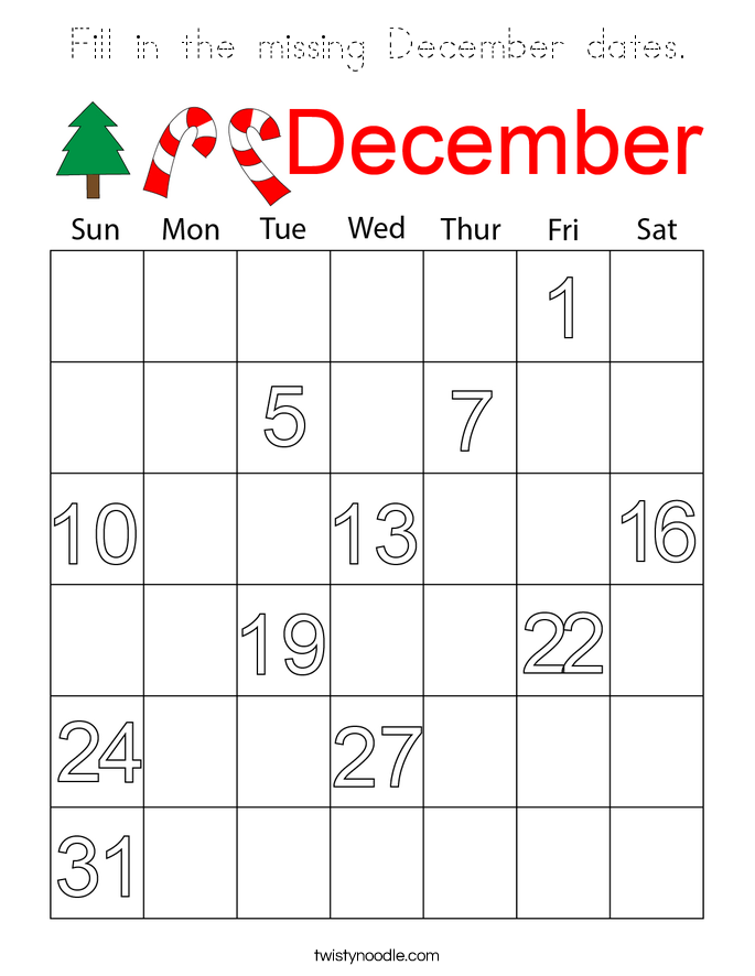 Fill in the missing December dates. Coloring Page