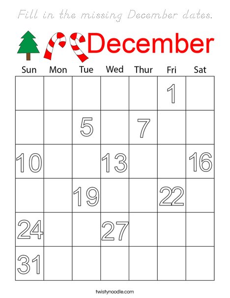 Fill in the missing December dates. Coloring Page
