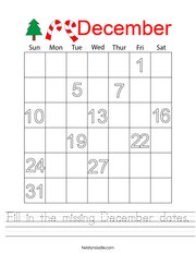Fill in the missing December dates Handwriting Sheet