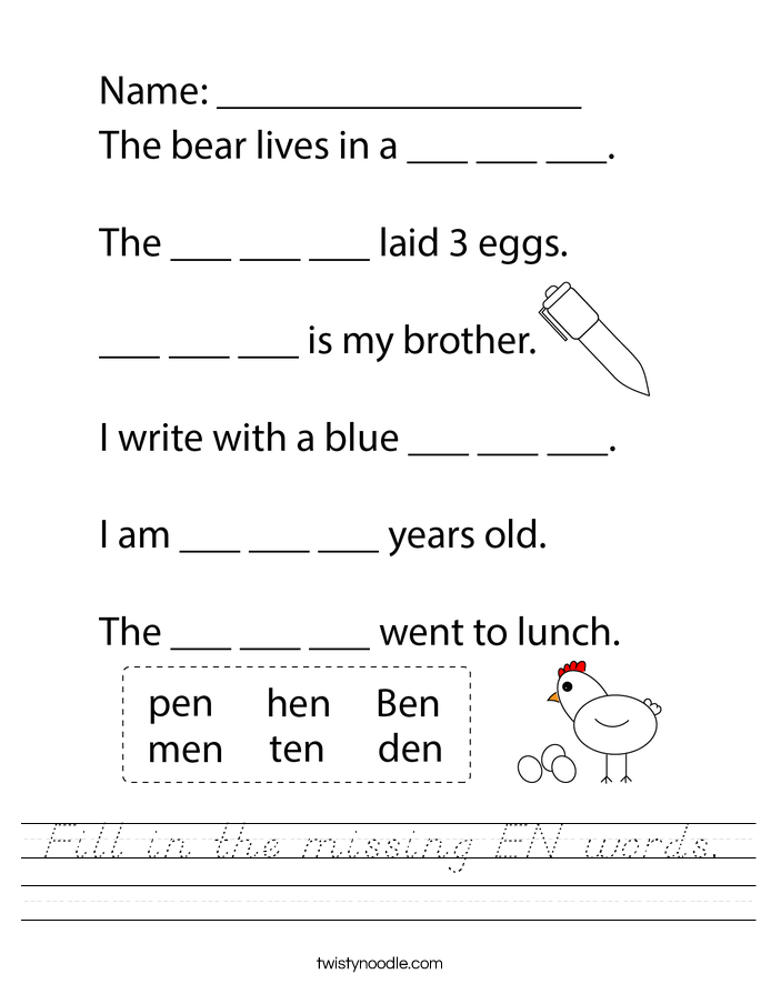 fill in the missing en words worksheet dnealian twisty noodle