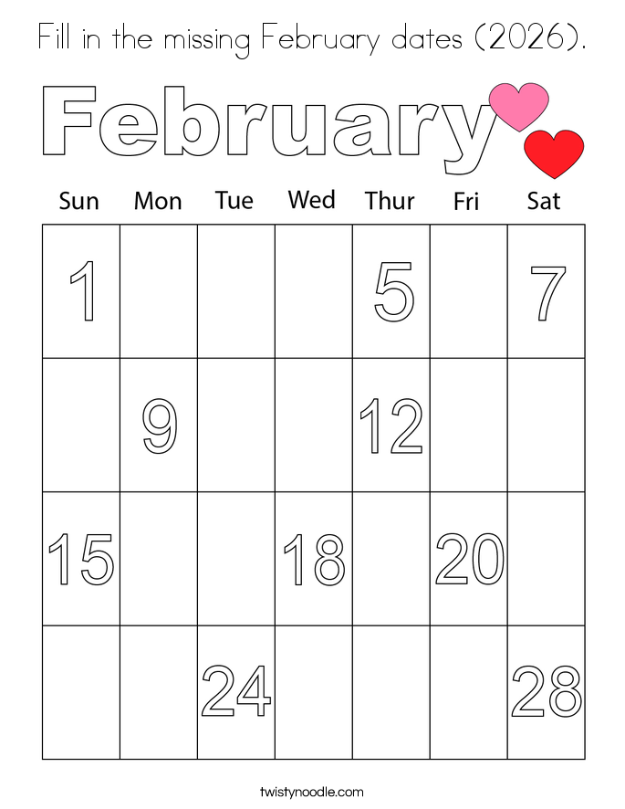 Fill in the missing February dates (2026). Coloring Page