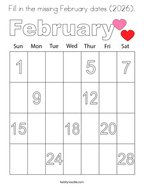 Fill in the missing February dates (2026) Coloring Page