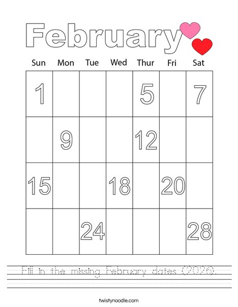Fill in the missing February dates (2026). Worksheet
