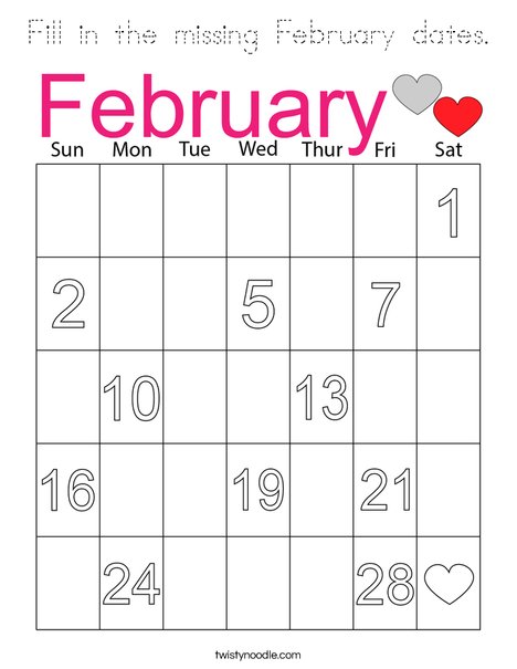 Fill in the missing February dates. Coloring Page