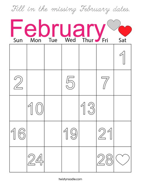 Fill in the missing February dates. Coloring Page