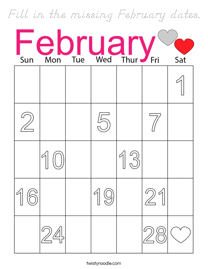 Fill in the missing February dates. Coloring Page