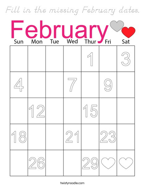 Fill in the missing February dates. Coloring Page