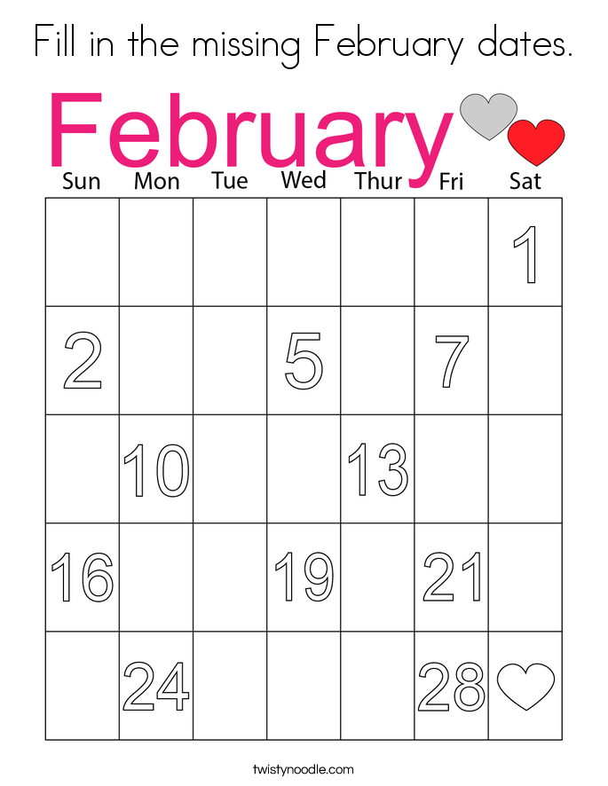 Fill in the missing February dates. Coloring Page