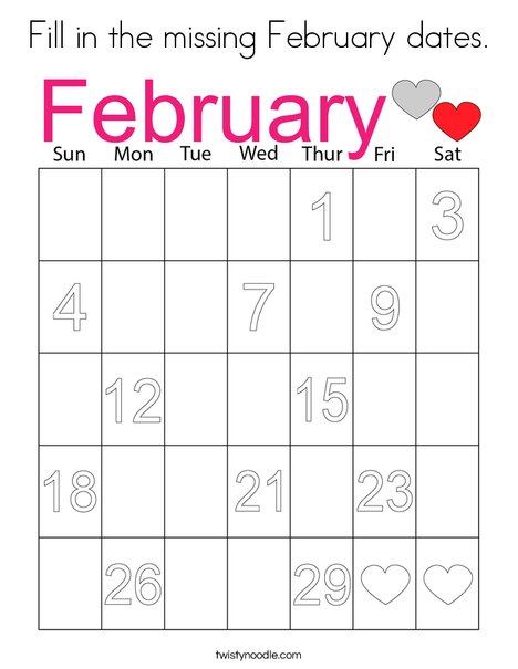 Fill in the missing February dates. Coloring Page