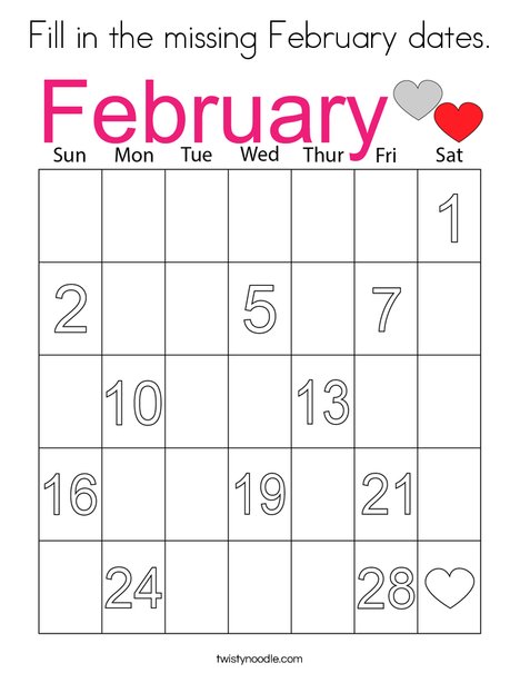 Fill in the missing February dates. Coloring Page