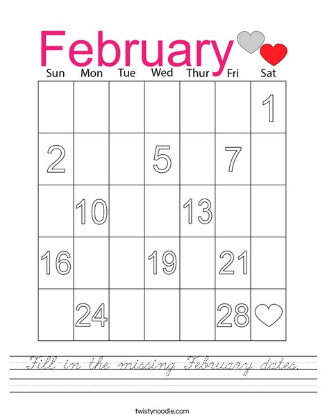 Fill in the missing February dates. Worksheet