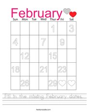 Fill in the missing February dates Handwriting Sheet