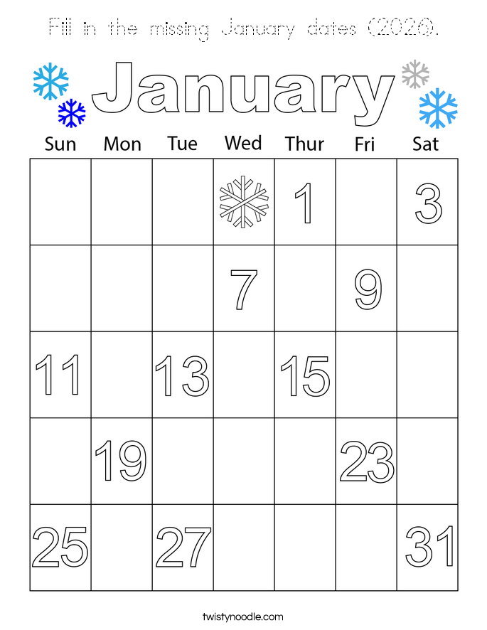 Fill in the missing January dates (2026). Coloring Page