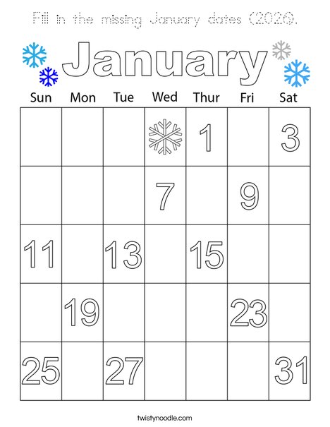 Fill in the missing January dates (2026). Coloring Page