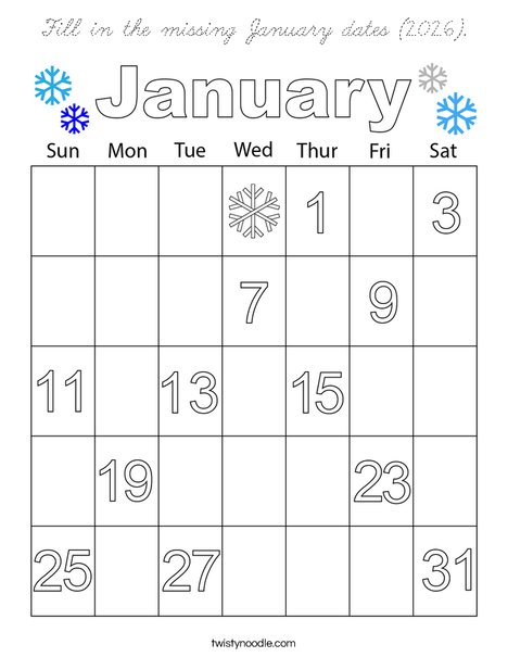 Fill in the missing January dates (2026). Coloring Page