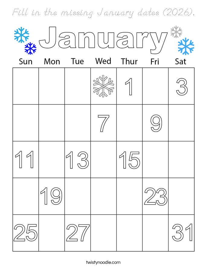 Fill in the missing January dates (2026). Coloring Page