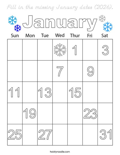 Fill in the missing January dates (2026). Coloring Page